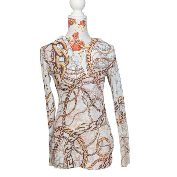 Vintage Cache Size Medium Y2K Sweater Tunic Hooded White Chain Print Rhinestones - Picture 1 of 9